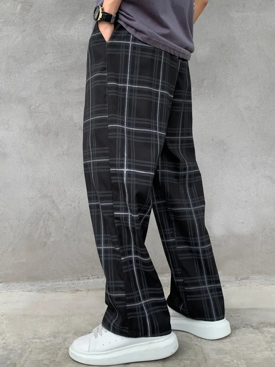 (L-10XL) Plus Size Men's Casual Loose Plaid Long Pants