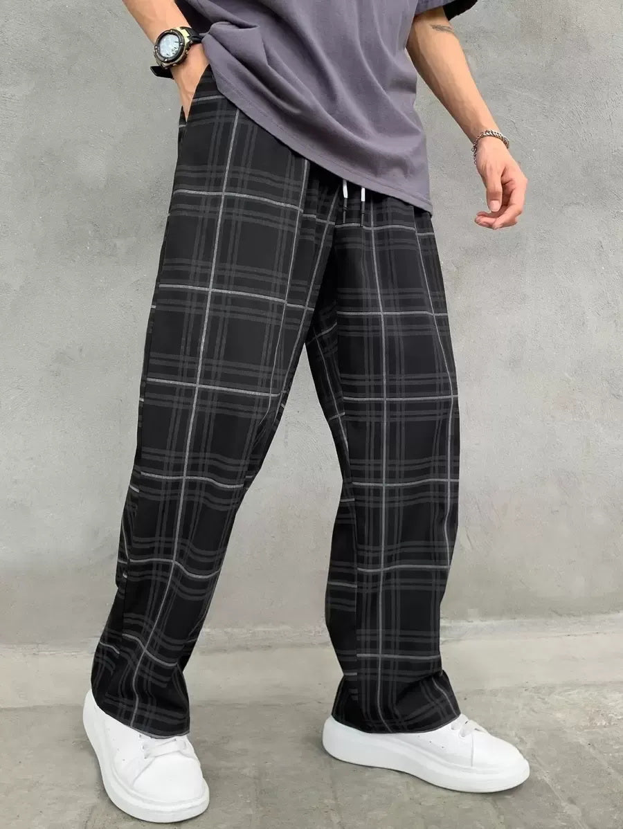 (L-10XL) Plus Size Men's Casual Loose Plaid Long Pants