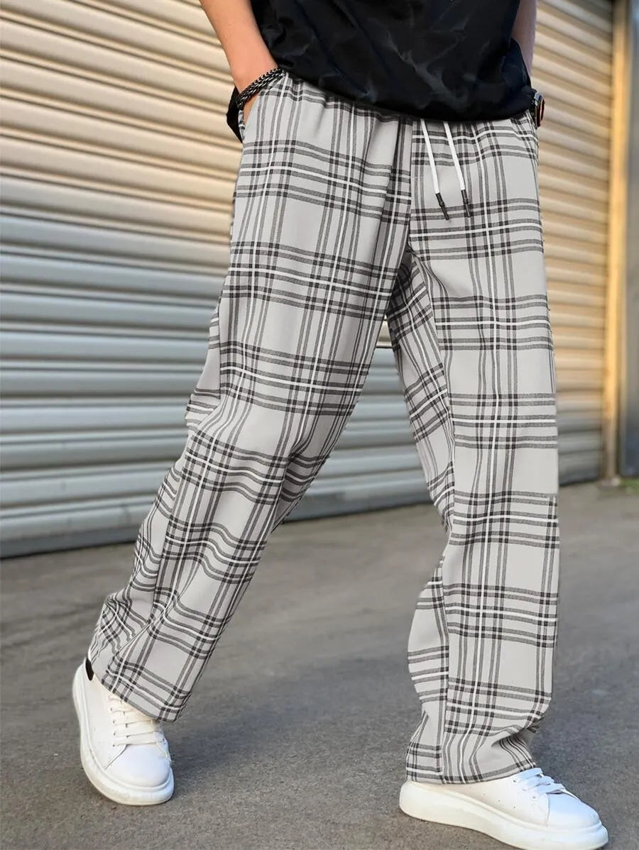 (L-10XL) Plus Size Men's Casual Loose Plaid Long Pants