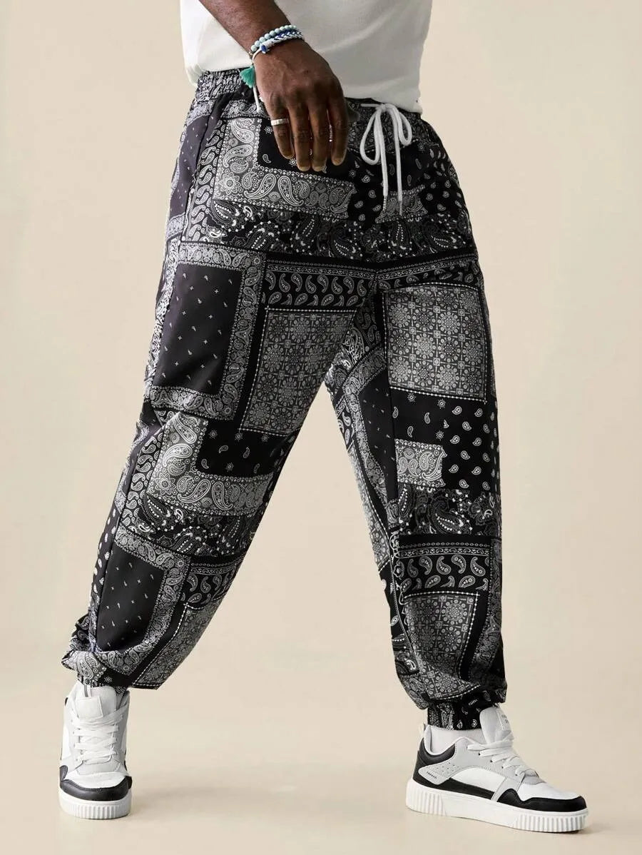 (L-10XL) Plus Size Men's Cashew Flower Print Loose Straight Fit Casual Pants
