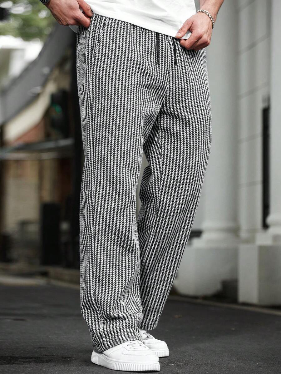 (L-10XL) Plus Size Men's Drawstring Waist Striped Straight Loose Casual Pants