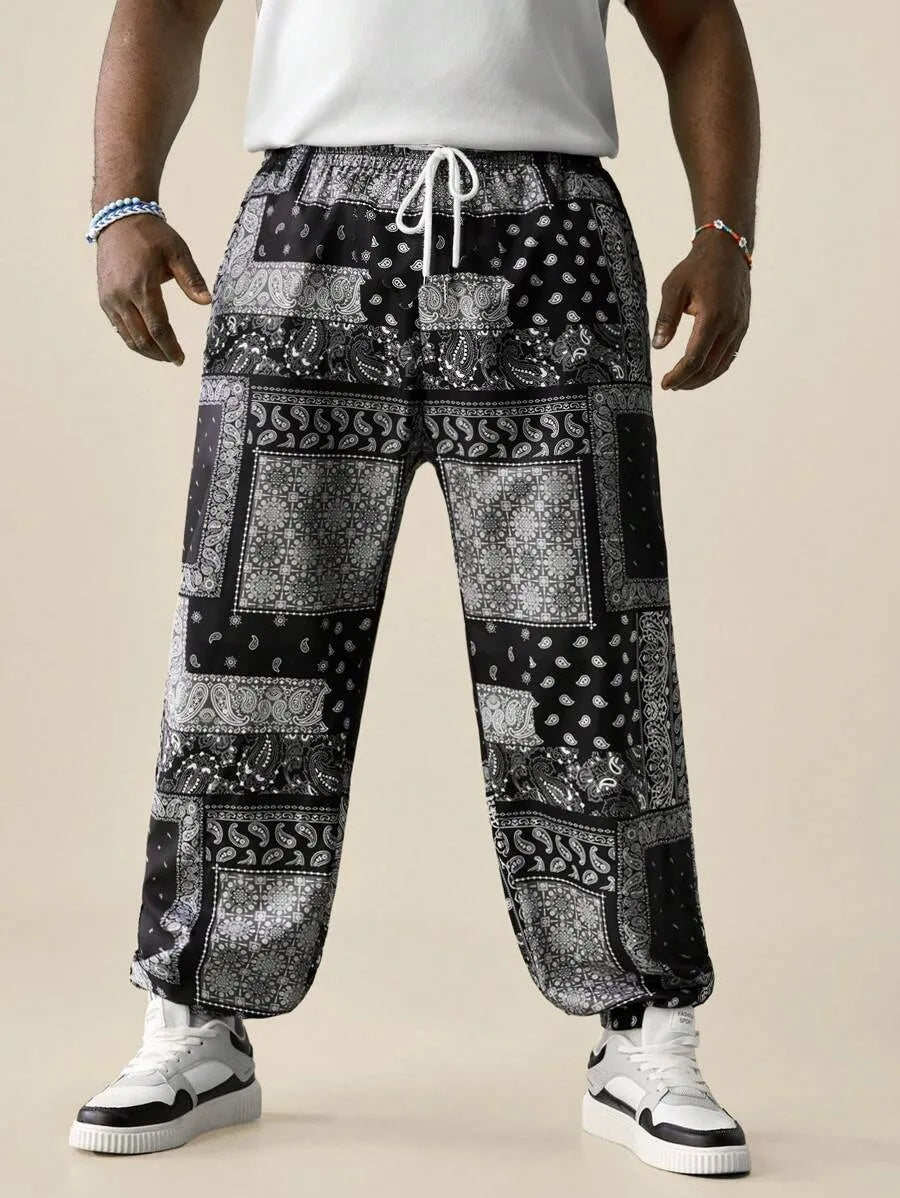 (L-10XL) Plus Size Men's Cashew Flower Print Loose Straight Fit Casual Pants