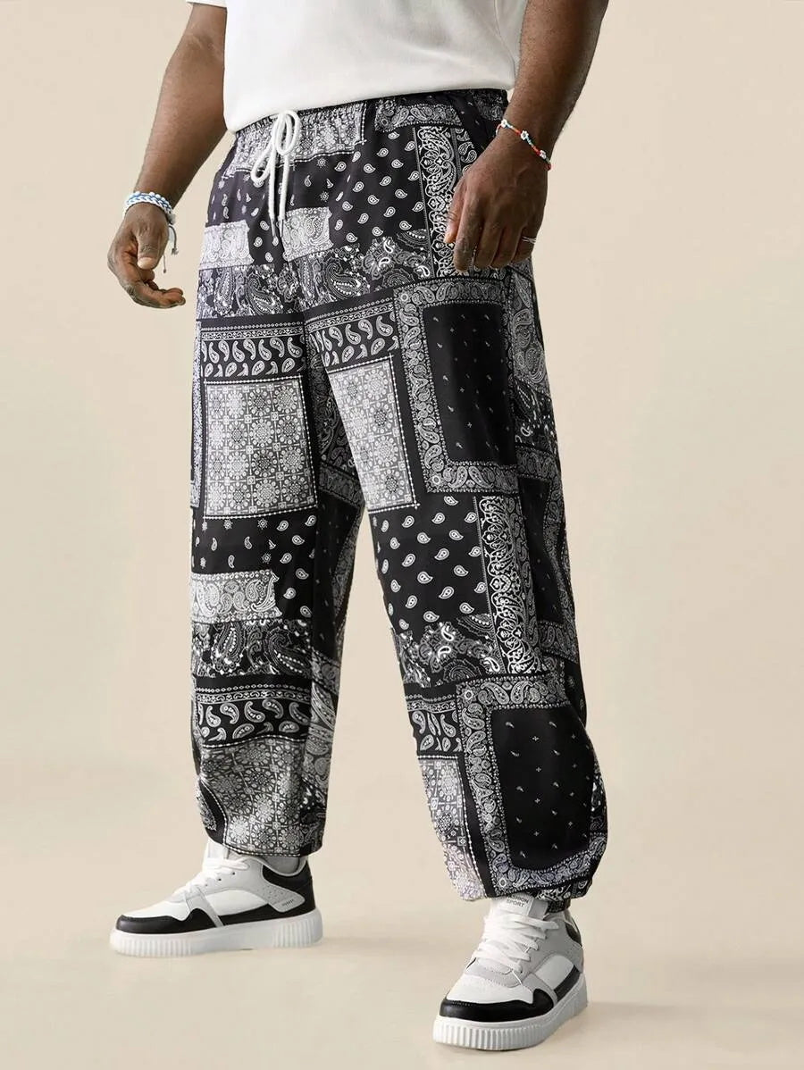 (L-10XL) Plus Size Men's Cashew Flower Print Loose Straight Fit Casual Pants