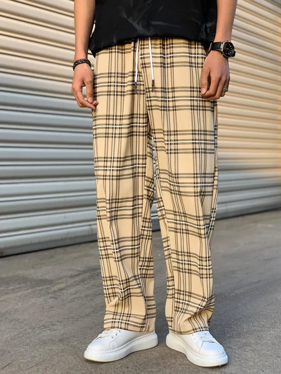 (L-10XL) Plus Size Men's Casual Loose Plaid Long Pants