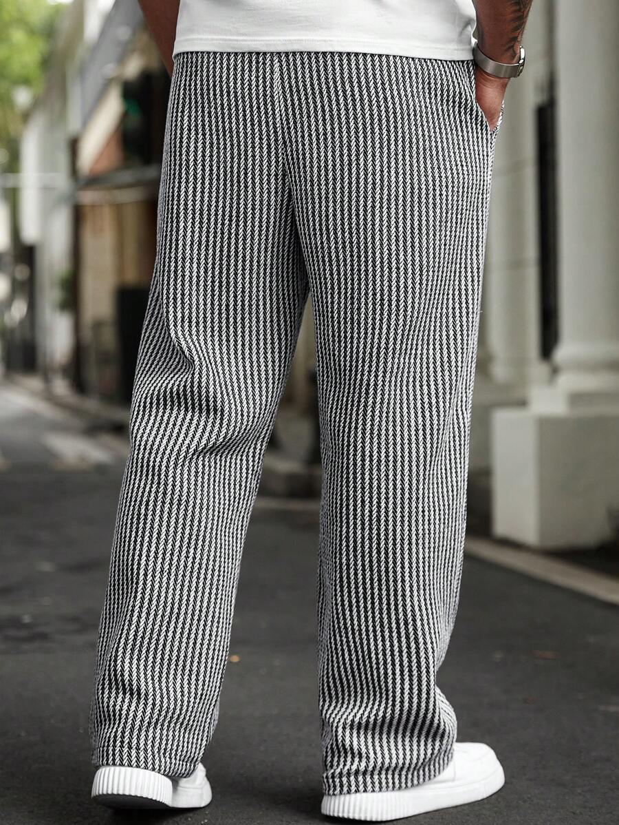 (L-10XL) Plus Size Men's Drawstring Waist Striped Straight Loose Casual Pants