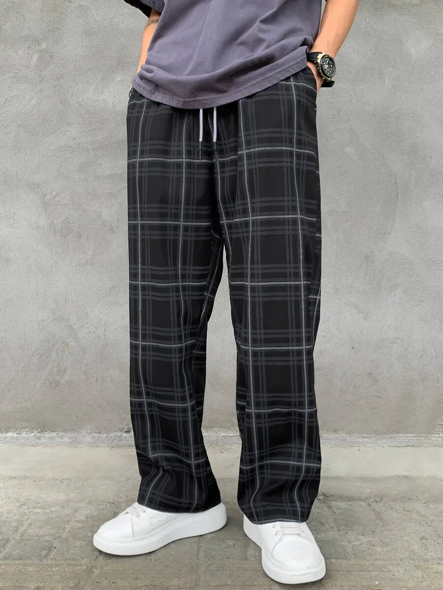 (L-10XL) Plus Size Men's Casual Loose Plaid Long Pants