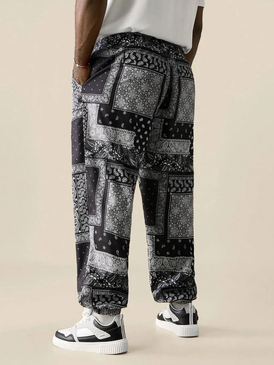(L-10XL) Plus Size Men's Cashew Flower Print Loose Straight Fit Casual Pants