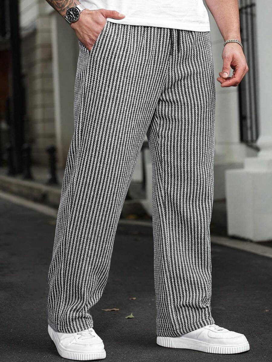 (L-10XL) Plus Size Men's Drawstring Waist Striped Straight Loose Casual Pants