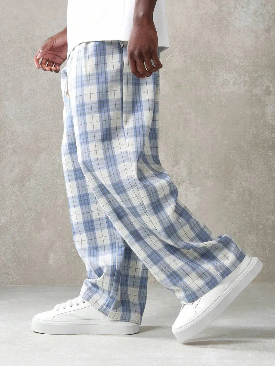(L-10XL) Plus Size Men's Casual Loose Plaid Long Pants